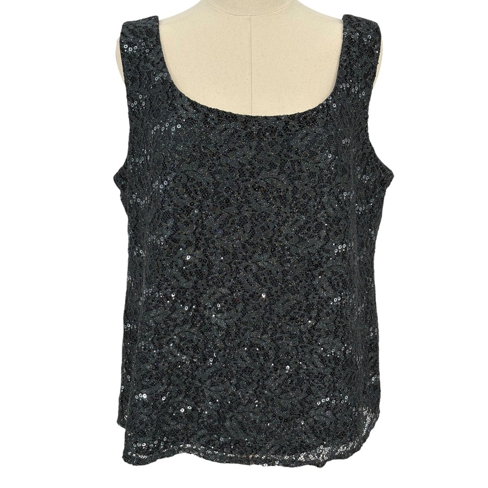 R&M Richards Tank Top Black Sequin Lace Sleeveless Scoop Neck 14